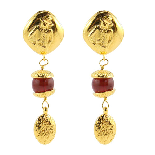 Chanel Vintage Red Gripoix Pate-de-Verre Gold Mademoiselle Drop Earrings c. 1990 (Clip-on) - Harlequin Market