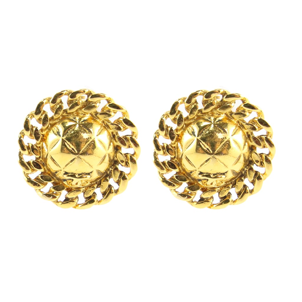 Chanel Vintage Signed CC Quilted Round Gold Earrings c. 1990s (Clip-on) - Harlequin Market