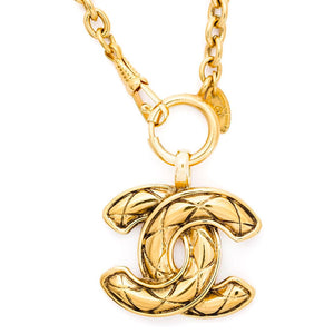 Vintage Signed Chanel Gold Tone Quilted CC Logo Necklace c. 1990's