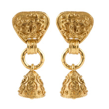Load image into Gallery viewer, Chanel Vintage Signed Gold Tone Fretwork Bell Earrings - 1994 - Harlequin Market