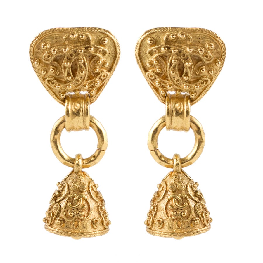 Chanel Vintage Signed Gold Tone Fretwork Bell Earrings - 1994 - Harlequin Market