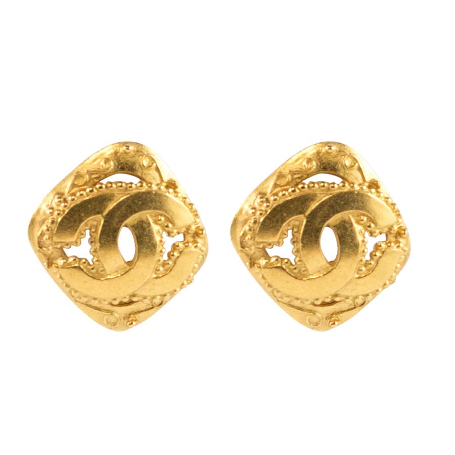 Chanel Vintage Signed Gold Tone Diamond Shape CC Logo Earrings - 95-A- ( Clip-On earrings) - Harlequin Market