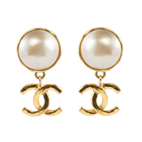 Chanel Vintage Signed Faux Pearl Gold Tone Logo Drop Earrings - 1993 P - Harlequin Market
