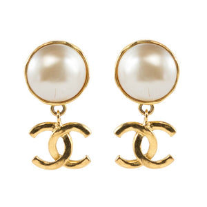 Chanel Vintage Signed Faux Pearl Gold Tone Logo Drop Earrings - 1993 P - Harlequin Market