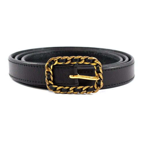 Chanel Vintage Black Lambskin Thin Belt with Gold Buckle c. 1980 - Harlequin Market