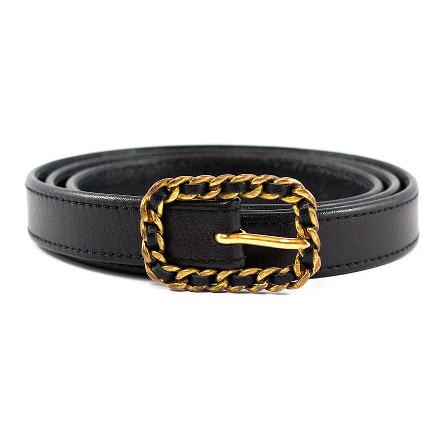 Chanel Vintage Black Lambskin Thin Belt with Gold Buckle c. 1980