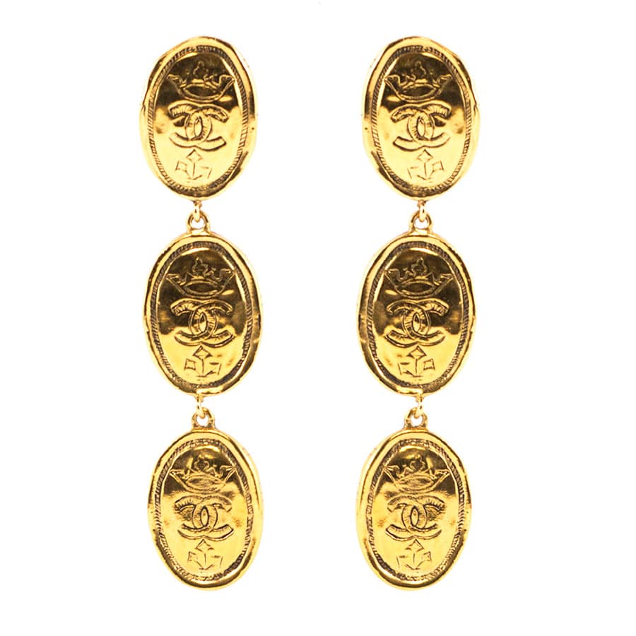 Chanel Vintage Signed Gold Tone Oval Coin Drop Earrings - Collection 26 - Harlequin Market