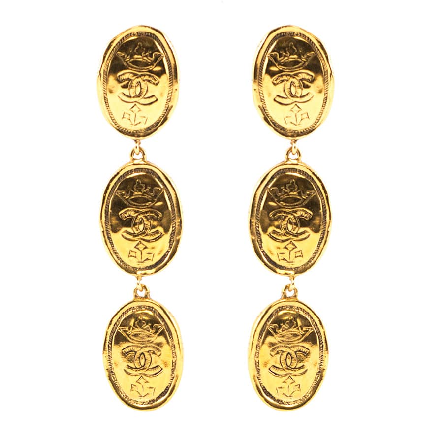 Chanel Vintage Signed Gold Tone Oval Coin Drop Earrings - Collection 26