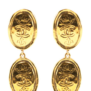 Chanel Vintage Signed Gold Tone Oval Coin Drop Earrings - Collection 26 - Harlequin Market