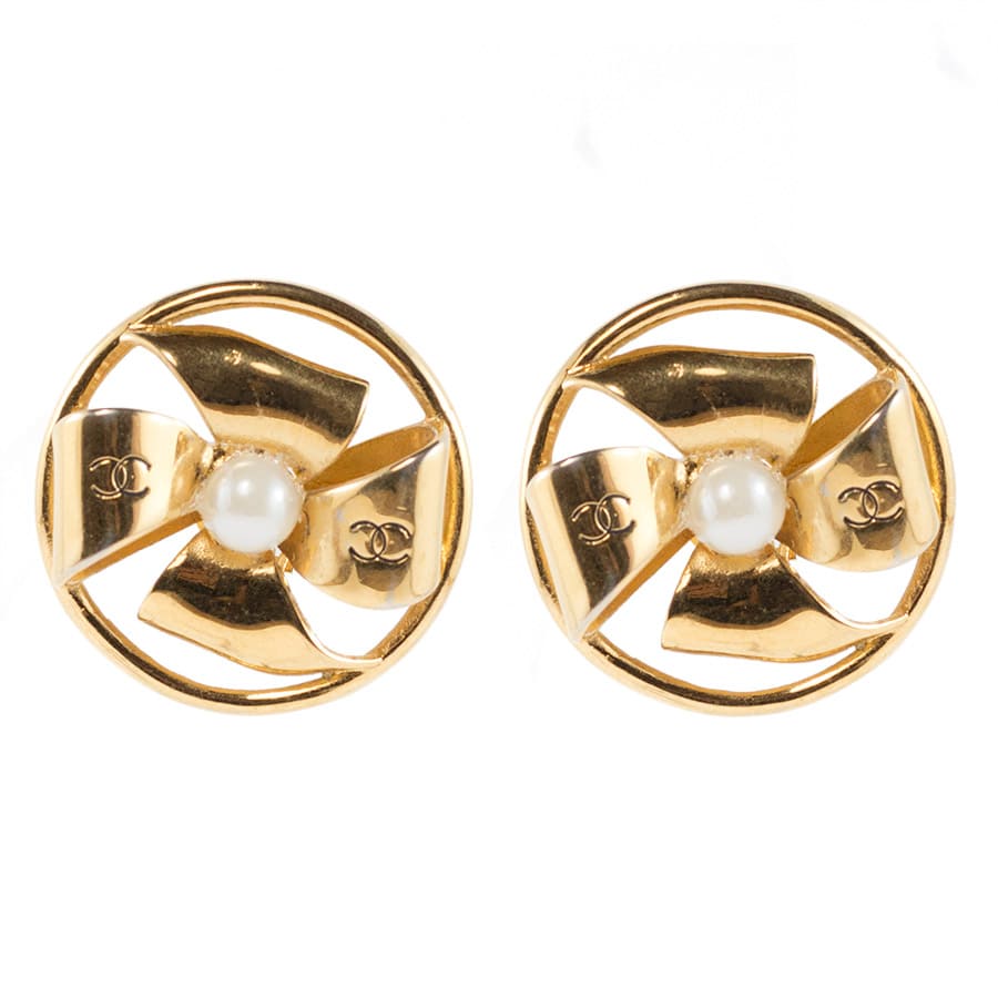 Chanel Vintage Signed Faux Pearl Gold Tone Bow Round Earrings c. 1990 - Harlequin Market