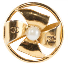 Load image into Gallery viewer, Chanel Vintage Signed Faux Pearl Gold Tone Bow Round Earrings c. 1990 - Harlequin Market