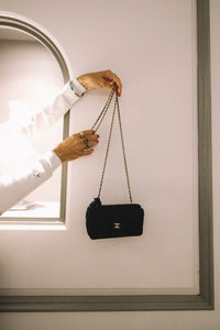 Chanel Vintage Black Satin Camellia Evening Bag with 24" Gold Chain Strap c. 2000s - Harlequin Market