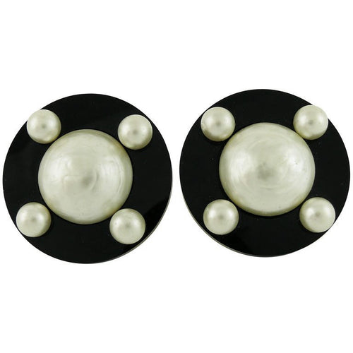 Signed 'Chanel' Classic Black and Faux Pearl Earrings c. 1980's - (Clip-On Earrings)