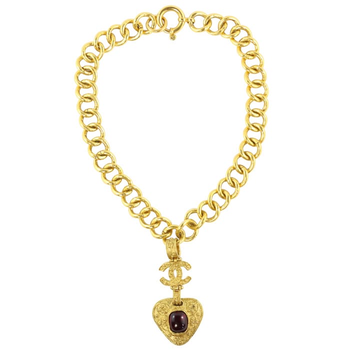 Chanel Vintage Signed Gold Chain Maroon Gripoix Filigree CC Heart Pendant Necklace SS94 - Harlequin Market