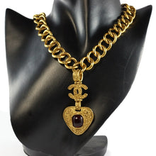 Load image into Gallery viewer, Chanel Vintage Signed Gold Chain Maroon Gripoix Filigree CC Heart Pendant Necklace SS94 - Harlequin Market