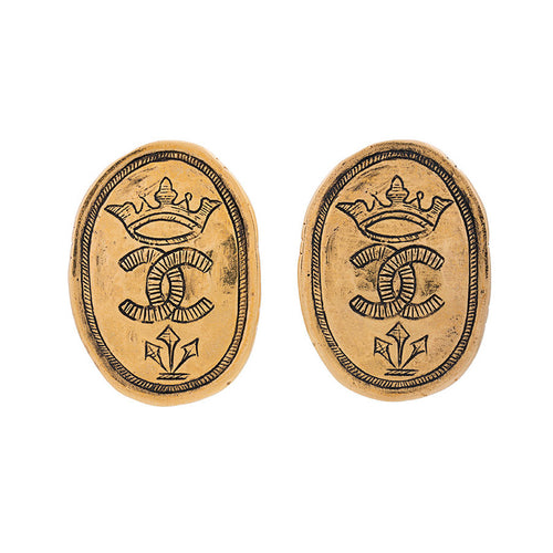Vintage Signed Chanel Paris Oval Hammered Earrings c.1970- (Clip on Earring)