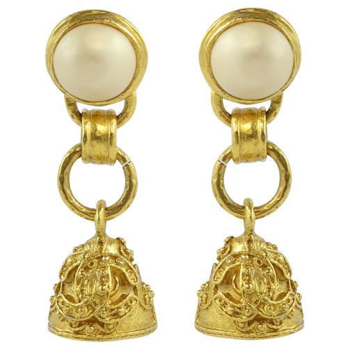 Chanel Vintage Signed Faux Pearl & Gold Tone Fretwork Bell Earrings - 1994 (Clip-on) - Harlequin Market