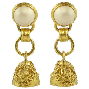Chanel Vintage Signed Faux Pearl & Gold Tone Fretwork Bell Earrings - 1994 (Clip-on) - Harlequin Market