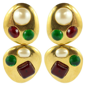 Chanel Vintage Rare Red & Green Gripoix Gold Tone Drop Earrings - 1993 (Clip-on) - Harlequin Market