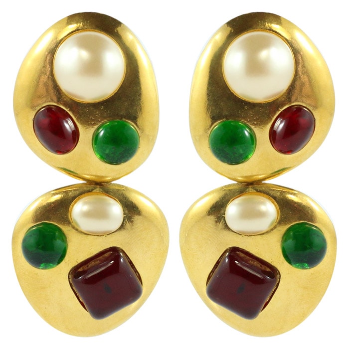 Chanel Vintage Rare Red & Green Gripoix Gold Tone Drop Earrings - 1993 (Clip-on) - Harlequin Market