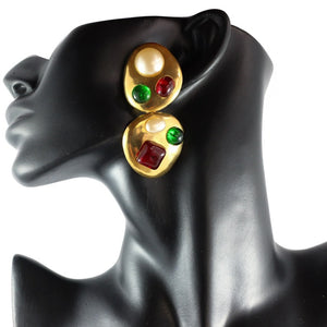 Chanel Vintage Rare Red & Green Gripoix Gold Tone Drop Earrings - 1993 (Clip-on) - Harlequin Market