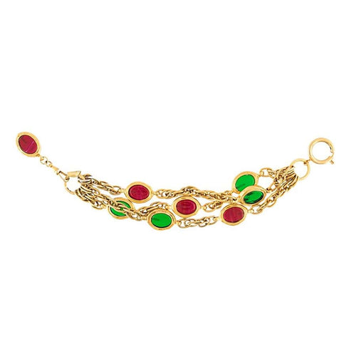 Chanel Vintage Signed Red & Green Gripoix Triple Strand Bracelet c. 1970 - Harlequin Market
