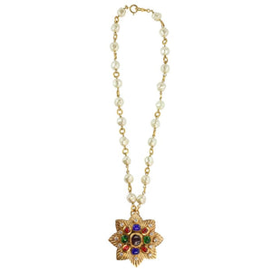 Chanel Vintage Long Pearl Necklace with Multi Coloured Gripoix Star Pendant - 1985 - Harlequin Market