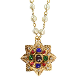 Chanel Vintage Long Pearl Necklace with Multi Coloured Gripoix Star Pendant - 1985 - Harlequin Market