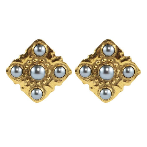 Chanel Vintage Signed Grey Faux Pearl Square Earrings c. 1980 (Clip-on) - Harlequin Market