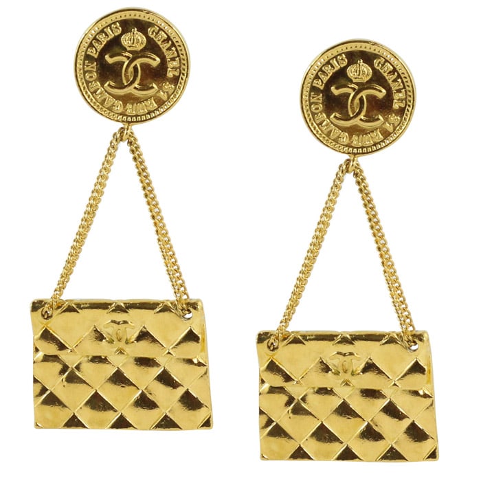 Chanel Vintage Signed Gold Quilted Bag Chain Earrings c. 1980 (Clip-on) - Harlequin Market