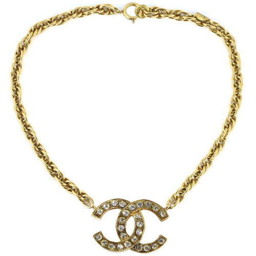 Chanel Vintage Signed Gold Chain Classic CC Logo Necklace with Crystals- c. 1970 - Harlequin Market