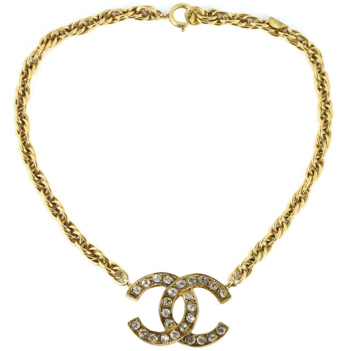 Chanel Vintage Signed Gold Chain Classic CC Logo Necklace with Crystals- c. 1970 - Harlequin Market