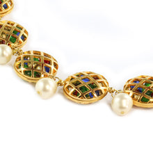 Load image into Gallery viewer, Chanel Vintage Rare Signed Multi Coloured Gripoix - Gold Tone Cage Necklace with Faux Pearls c. 1980 - Harlequin Market
