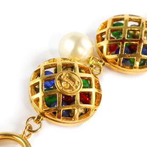 Chanel Vintage Rare Signed Multi Coloured Gripoix - Gold Tone Cage Necklace with Faux Pearls c. 1980 - Harlequin Market