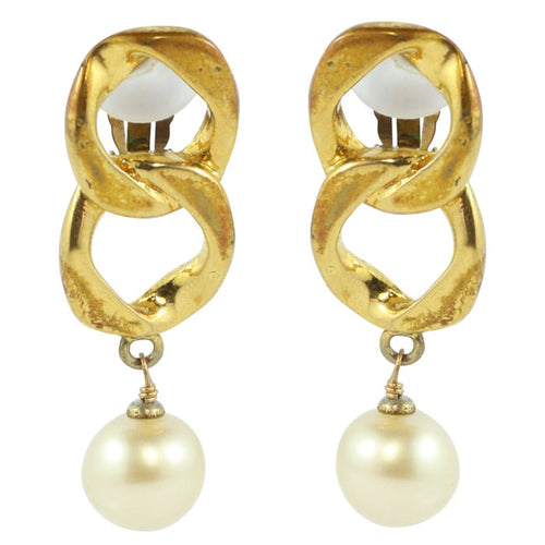 Chanel Vintage Signed Creme Faux Pearl Chain Drop Earrings c. 1980 (Clip-on) - Harlequin Market