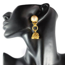Load image into Gallery viewer, Chanel Vintage Signed Faux Pearl &amp; Gold Tone Fretwork Bell Earrings - 1994 (Clip-on) - Harlequin Market
