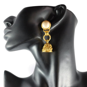 Chanel Vintage Signed Faux Pearl & Gold Tone Fretwork Bell Earrings - 1994 (Clip-on) - Harlequin Market