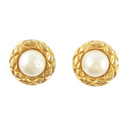 Vintage Signed Chanel Quilted Gold Tone Faux Pearl Earrings c.1970