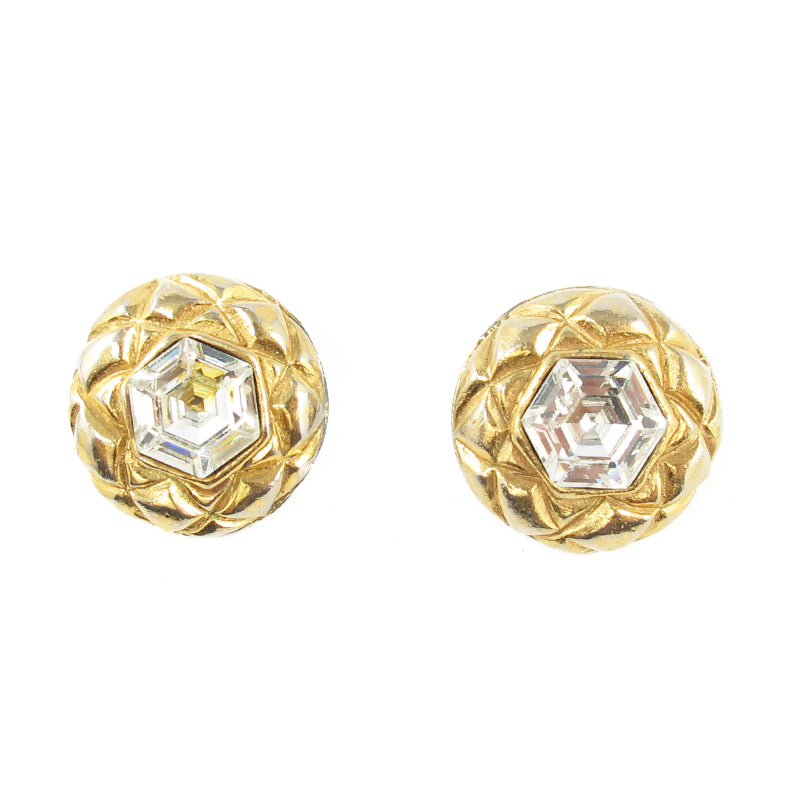 Vintage Signed Chanel Quilted Gold Tone Crystal Earrings c. 1960