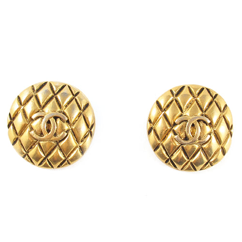 Vintage Signed Chanel Gold Tone Quilted Earrings c. 1980