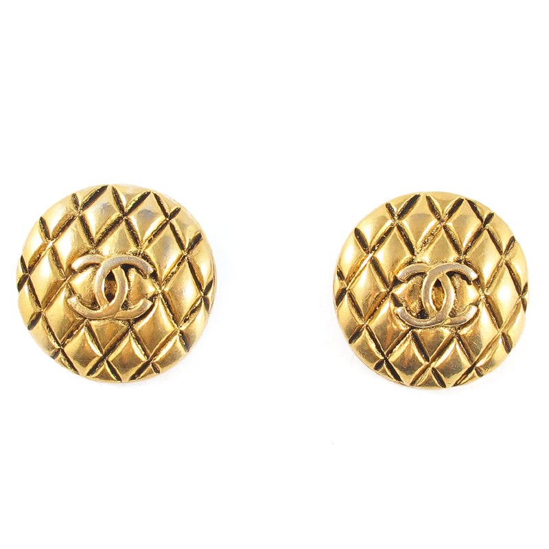 Vintage Signed Chanel Gold Tone Quilted Earrings c. 1980