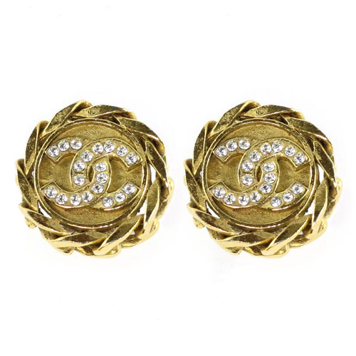 Vintage Signed Chanel Gold Tone Crystal CC Logo Earrings c. 1960 (Clip-On)