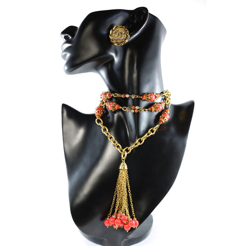 Chanel Rare Vintage Faux Coral Glass Bead, Crystal, Pearl Tassel Necklace c.1990 - Harlequin Market