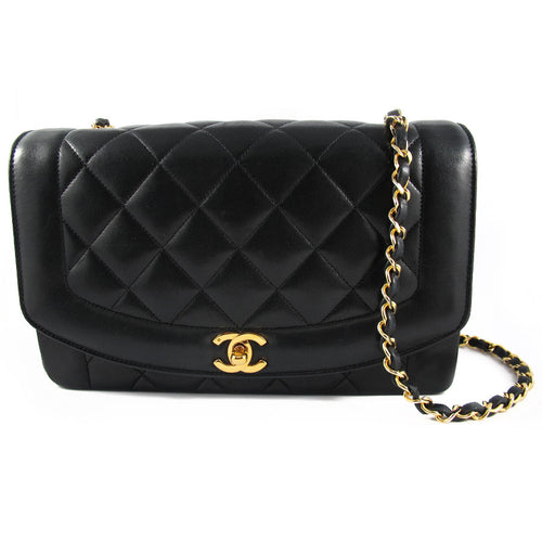 Vintage Chanel Black Lambskin Classic Gold Chain Single Flap Shoulder Bag c. 1980's