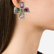Load image into Gallery viewer, Christian Lacroix Signed Vintage Silver-Tone &amp; Pink Bejewelled Cross Earrings c. 1990 (Clip-on) - Harlequin Market