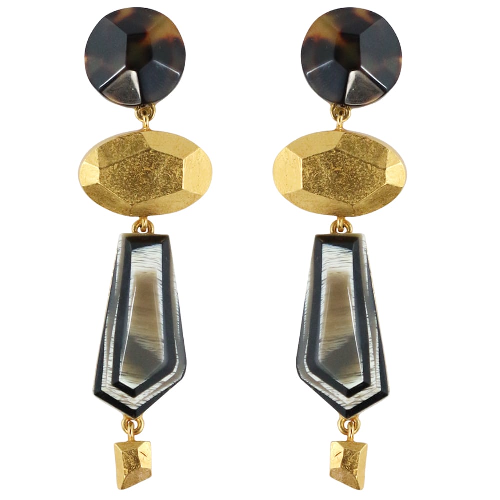 Christian Lacroix Signed Vintage Tortoiseshell Resin & Gold Tone Abstract Drop Earrings c. 1980 - Harlequin Market