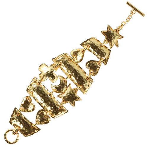 Christian Lacroix Signed Vintage Beaten Gold Tone Metal Star & Moon Bracelet c. 1980 - Harlequin Market