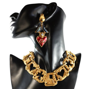 Christian Lacroix Vintage Large Gold Tone Hearts & Crosses Design Statement Necklace c.1980 - Harlequin Market