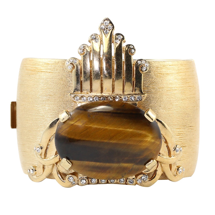 Ciner NYC 18K Brushed Gold Plated Tigers Eye Cabochon & Crystal Statement Bangle
