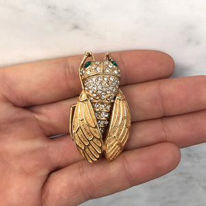 Ciner NY Cicada Gold - Crystal Brooch Pin with Emerald Eyes - Harlequin Market